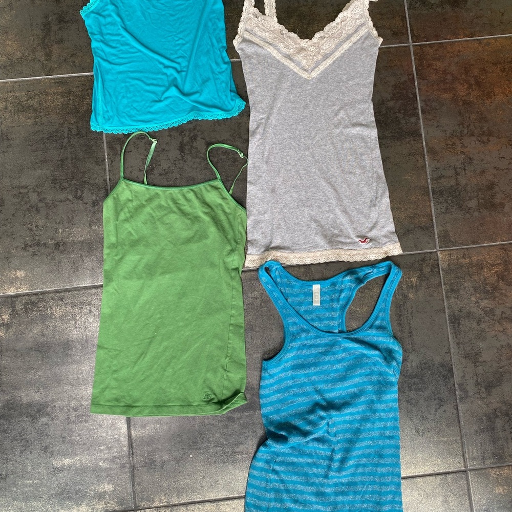 Set of four tank tops, turquoise, green, and gray with lace